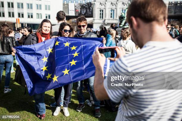 In front of the European Parliament people gathered to celebrate the European Union in Brussels on 25 March 2017.