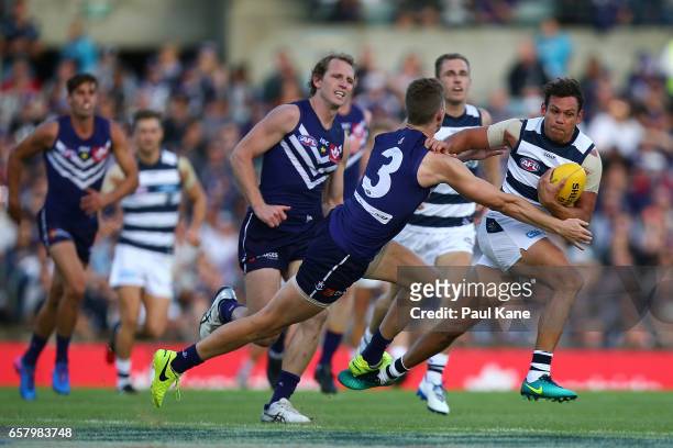 Steven Motlop of the Cats looks to break from a tackle by Zac Dawson of the Dockers during the round one AFL match between the Fremantle Dockers and...