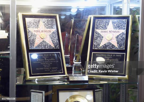 Awards on display at Debbie Reynolds and Carrie Fisher Memorial at Forest Lawn Cemetery on March 25, 2017 in Los Angeles, California.