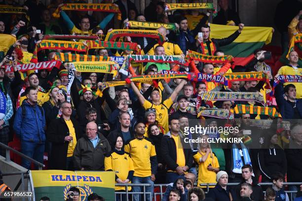 Lithuanian fans are picture before the World Cup 2018 qualification football match between England and Lithuania at Wembley Stadium in London on...