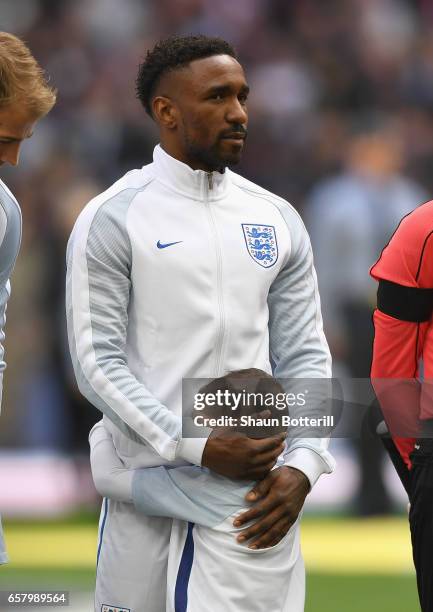 England mascot Bradley Lowery hugs Jermain Defoe of England prior to the FIFA 2018 World Cup Qualifier between England and Lithuania at Wembley...