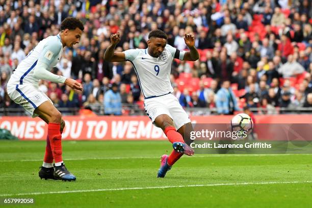 Jermaine Defoe of England scores his sides first goal during the FIFA 2018 World Cup Qualifier between England and Lithuania at Wembley Stadium on...