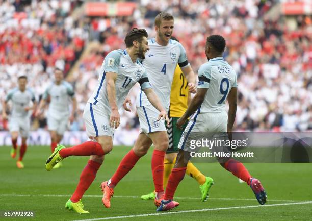 Jermaine Defoe of England celebrates with Adam Lallana and Eric Dier after scoring his sides first goal during the FIFA 2018 World Cup Qualifier...