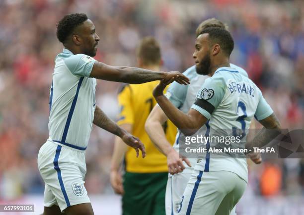 Jermaine Defoe of England celebrates with Ryan Bertrand after scoring his sides first goal during the FIFA 2018 World Cup Qualifier between England...