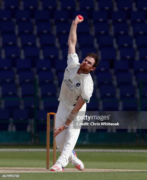 James Harris of Middlesex bowls during day one of the Champion County match between Marylebone Cricket Club and Middlesex at Sheikh Zayed stadium on...