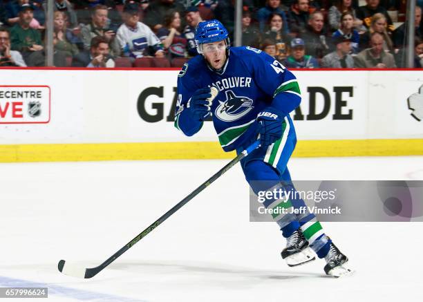 Drew Shore of the Vancouver Canucks skates up ice during their NHL game against the Boston Bruins at Rogers Arena March 13, 2017 in Vancouver,...