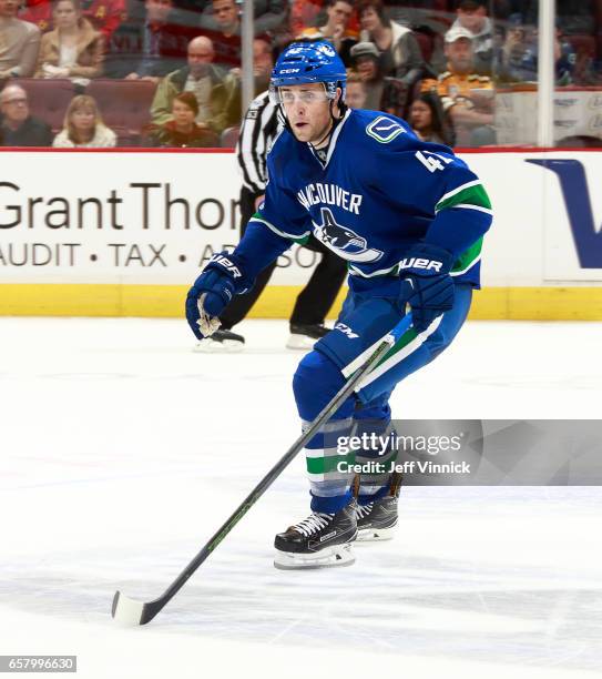 Drew Shore of the Vancouver Canucks skates up ice during their NHL game against the Boston Bruins at Rogers Arena March 13, 2017 in Vancouver,...