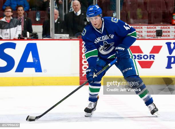 Drew Shore of the Vancouver Canucks skates up ice during their NHL game against the Boston Bruins at Rogers Arena March 13, 2017 in Vancouver,...