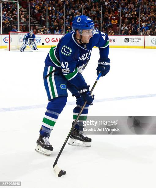 Drew Shore of the Vancouver Canucks skates up ice during their NHL game against the Boston Bruins at Rogers Arena March 13, 2017 in Vancouver,...