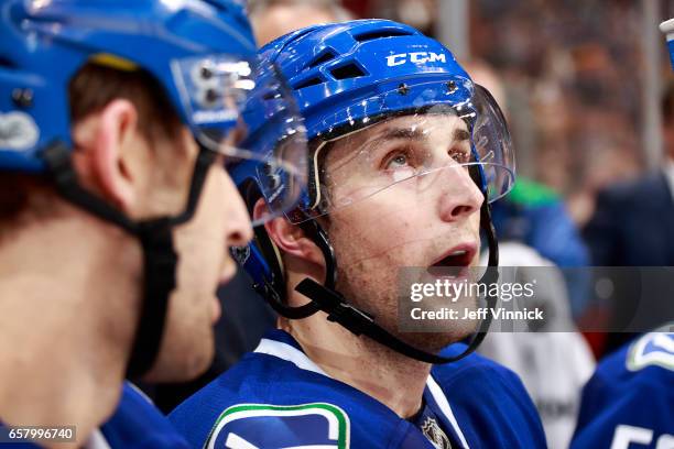 Drew Shore of the Vancouver Canucks looks on from the bench during their NHL game against the Boston Bruins at Rogers Arena March 13, 2017 in...