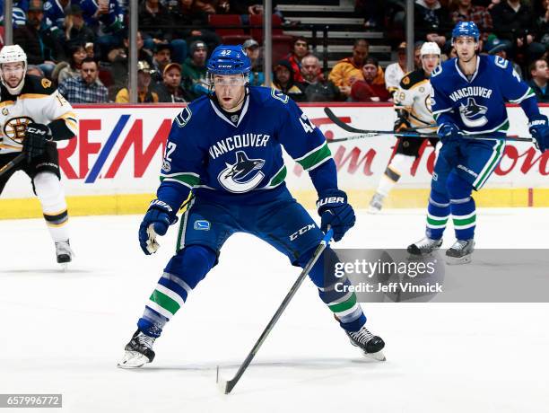 Drew Shore of the Vancouver Canucks skates up ice during their NHL game against the Boston Bruins at Rogers Arena March 13, 2017 in Vancouver,...