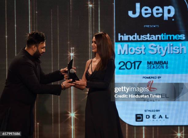 Most Stylish Fashion Personality Award to Nikhil Thampi presented by Esha Gupta during the HT Mumbai's Most Stylish Awards 2017 at Taj Lands End,...