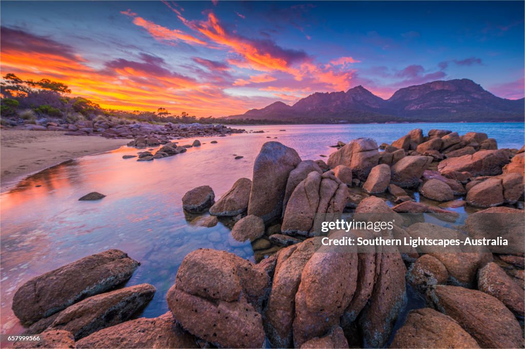 Early morning light in Coles Bay, Freycinet National Park, east coastline of Tasmania.