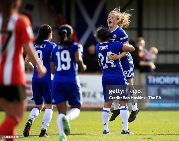 Drew Spence of Chelsea celebrates with team mates after scoring her team's fifth goal during the SSE FA Women's Cup Sixth Round match between Chelsea...