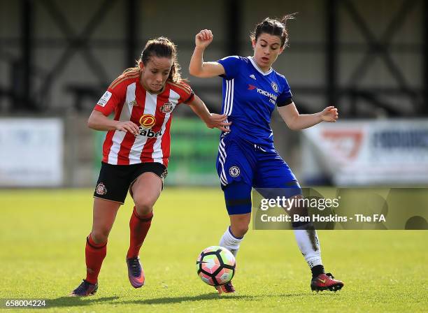 Lucy Staniforth of Sunderland holds off pressure from Karen Carney of Chelsea during the SSE FA Women's Cup Sixth Round match between Chelsea Ladies...