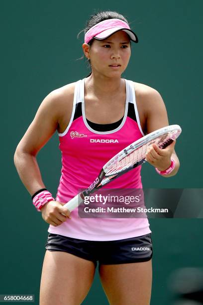 Risa Ozaki of Japan plays Julia Goerges of Germany during the Miami Open at the Crandon Park Tennis Center on March 26, 2017 in Key Biscayne, Florida.