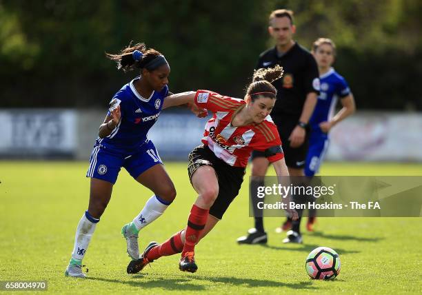 Madelaine Hill of Sunderland is fouled by Crystal Dunn of Chelsea during the SSE FA Women's Cup Sixth Round match between Chelsea Ladies and...