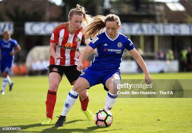 Erin Cuthbert of Chelsea holds off pressure from Hayley Sharp of Sunderland during the SSE FA Women's Cup Sixth Round match between Chelsea Ladies...