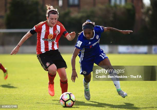 Crystal Dunn of Chelsea holds off pressure from Stephanie Bannon of Sunderland during the SSE FA Women's Cup Sixth Round match between Chelsea Ladies...