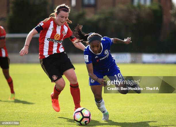 Crystal Dunn of Chelsea holds off pressure from Stephanie Bannon of Sunderland during the SSE FA Women's Cup Sixth Round match between Chelsea Ladies...