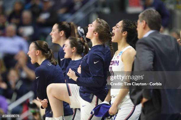 The UConn bench react to a three point basket during the UConn Huskies Vs UCLA Bruins, NCAA Women's Division 1 Basketball Championship game on March...
