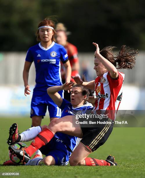 Karen Carney of Chelsea and Madelaine Hill of Sunderland battle for possession during the SSE FA Women's Cup Sixth Round match between Chelsea Ladies...