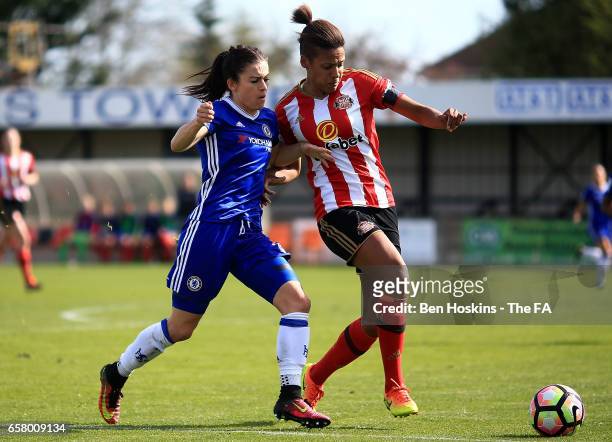 Victoria Williams of Sunderland holds off pressure from Karen Carney of Chelsea during the SSE FA Women's Cup Sixth Round match between Chelsea...