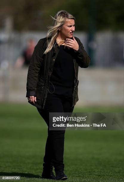 Chelsea manager Emma Hayes looks on ahead of the SSE FA Women's Cup Sixth Round match between Chelsea Ladies and Sunderland Ladies on March 26, 2017...