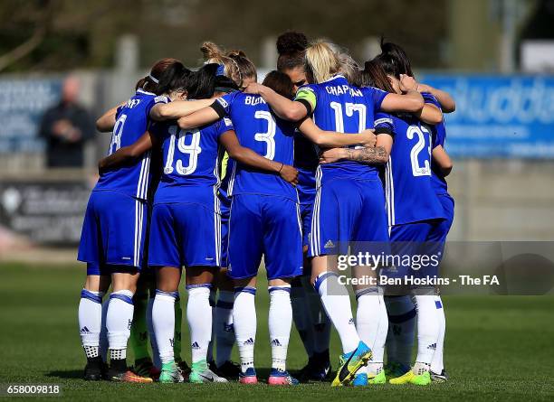 Chelsea team huddle during the SSE FA Women's Cup Sixth Round match between Chelsea Ladies and Sunderland Ladies on March 26, 2017 in Staines,...