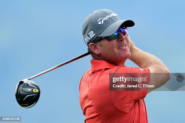 Points plays his tee shot on the ninth hole during the final round of the Puerto Rico Open at Coco Beach on March 26, 2017 in Rio Grande, Puerto Rico.