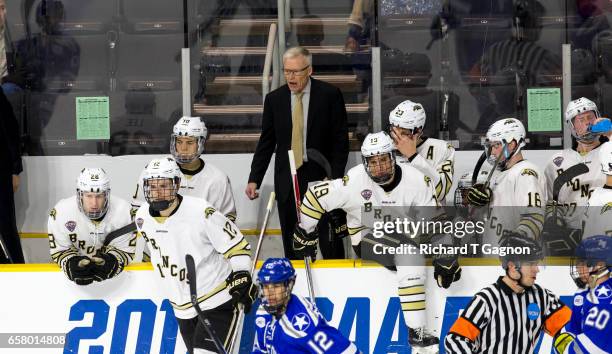 Andy Murray head coach of the Western Michigan Broncos stands behind the bench during a game against the Air Force Falcons during game two of the...