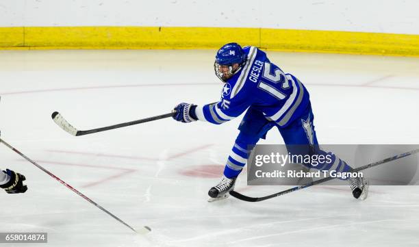 Evan Giesler of the Air Force Falcons skates during the NCAA Division I Men's Ice Hockey East Regional Championship semifinal against the Western...