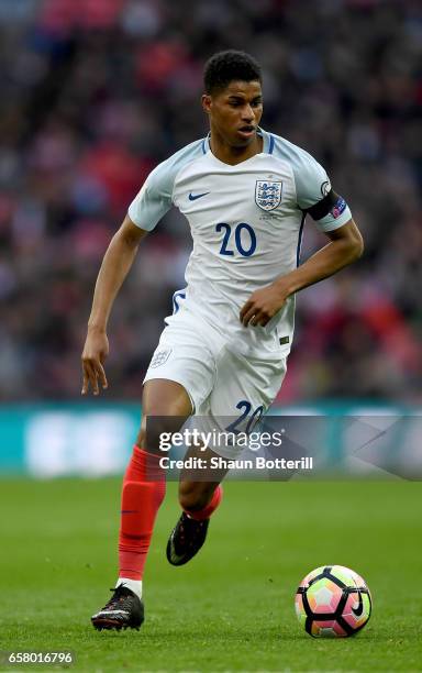 Marcus Rashford of England in action during the FIFA 2018 World Cup Qualifier between England and Lithuania at Wembley Stadium on March 26, 2017 in...