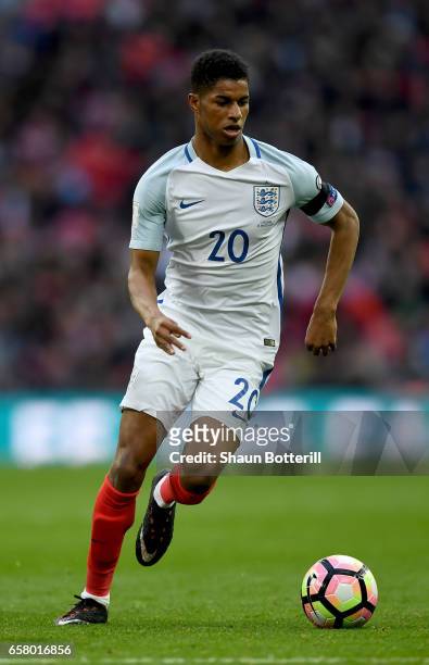 Marcus Rashford of England in action during the FIFA 2018 World Cup Qualifier between England and Lithuania at Wembley Stadium on March 26, 2017 in...