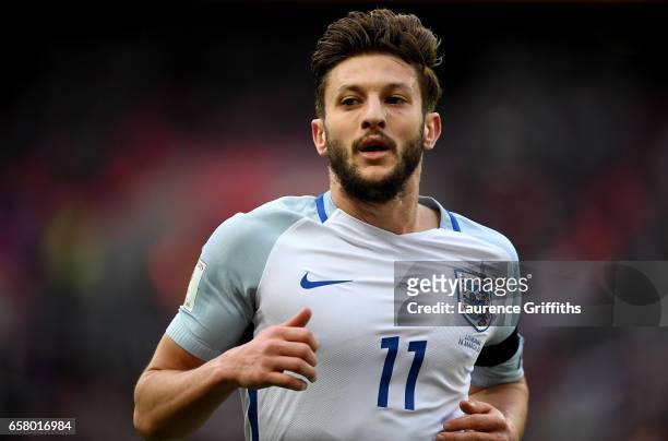 Adam Lallana of England looks on during the FIFA 2018 World Cup Qualifier between England and Lithuania at Wembley Stadium on March 26, 2017 in...