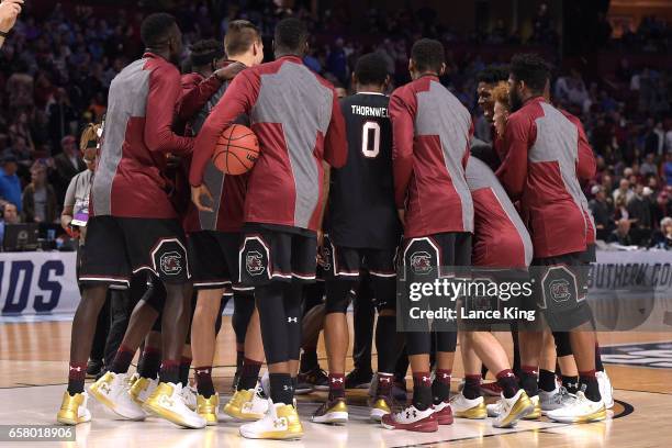 Players of the South Carolina Gamecocks huddle during their game against the Duke Blue Devils during the second round of the 2017 NCAA Men's...