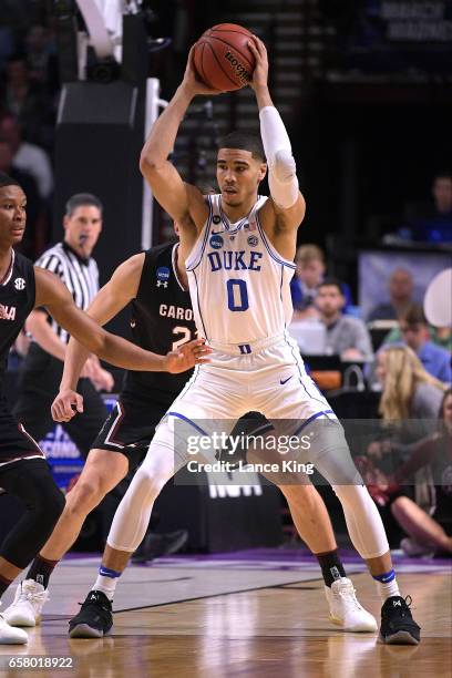 Jayson Tatum of the Duke Blue Devils controls the ball against the South Carolina Gamecocks during the second round of the 2017 NCAA Men's Basketball...