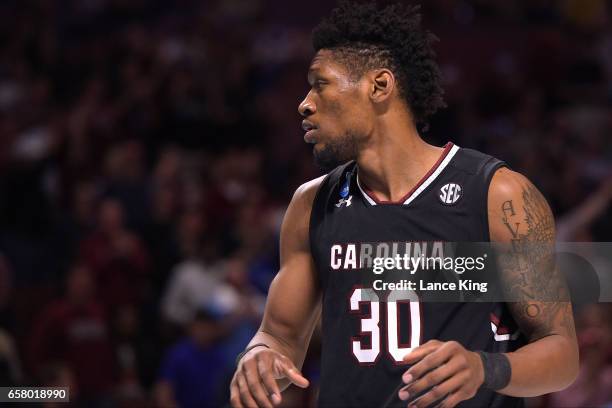 Chris Silva of the South Carolina Gamecocks looks on during their game against the Duke Blue Devils during the second round of the 2017 NCAA Men's...