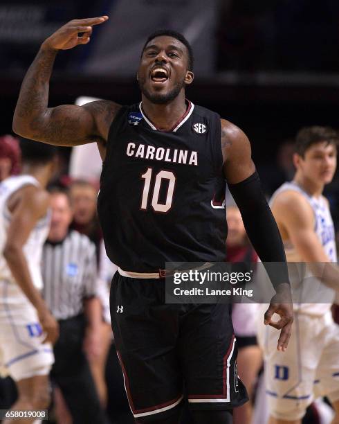 Duane Notice of the South Carolina Gamecocks reacts following a play against the Duke Blue Devils during the second round of the 2017 NCAA Men's...