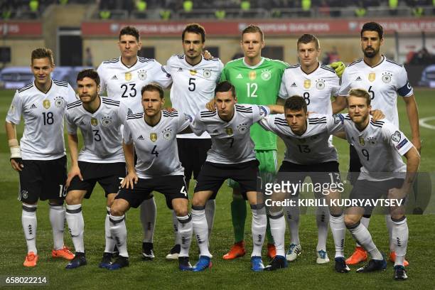 Germany's players - front row from L - Joshua Kimmich, Jonas Hector, Benedikt Hoewedes, Julian Draxler, Thomas Mueller, Andre Schuerrle, - back row...