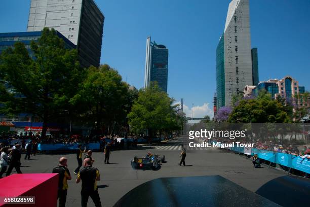 Mexican FE pilot Esteban Gutierrez takes position during the Formual E Road Show at Reforma Avenue on March 25, 2017 in Mexico City, Mexico.