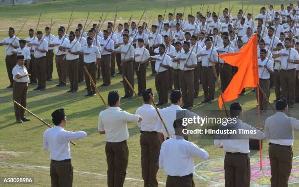 Volunteers during Pad Sanchalan at Beniyabag Ground on March 26, 2017 in Varanasi, India.