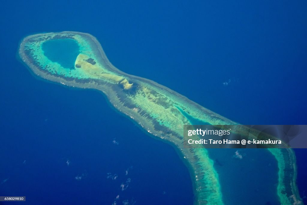 Commodore Reef in Spratly Islands in the South China sea aerial view from airplane