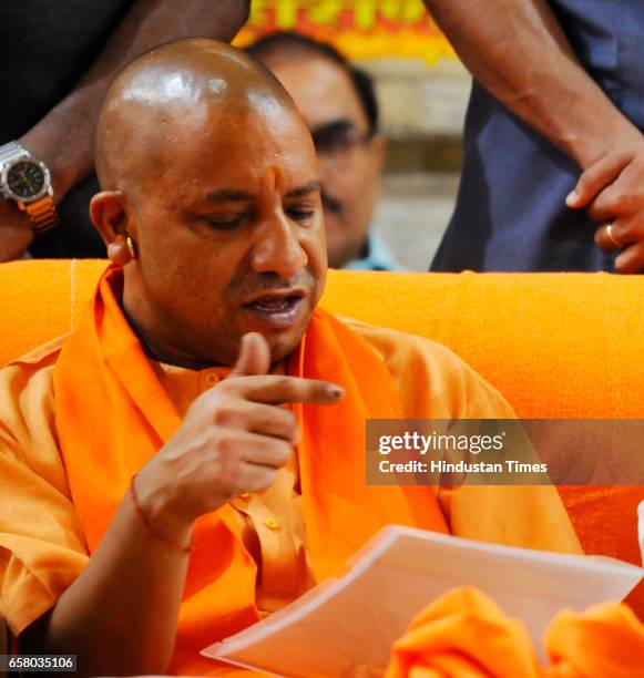 Uttar Pradesh Chief Minister and Mahant of Gorakhdham Temple Yogi Adityanath during his first visit at Gorakhnath Temple on March 26, 2017 in...