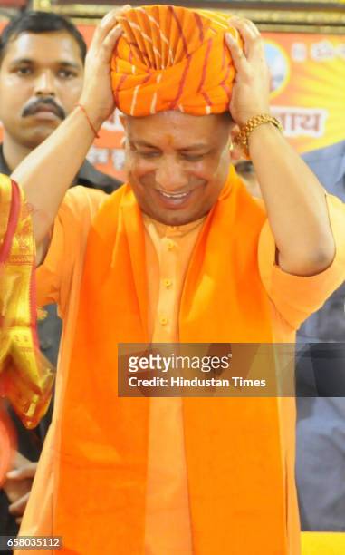 Uttar Pradesh Chief Minister and Mahant of Gorakhdham Temple Yogi Adityanath during his first visit at Gorakhnath Temple on March 26, 2017 in...