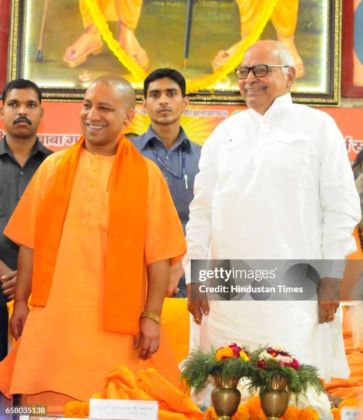 Uttar Pradesh Chief Minister and Mahant of Gorakhdham Temple Yogi Adityanath and Hriday Narain Dixit at Digvijay Nath hall located in mutt premises...