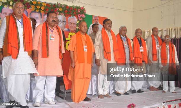 Uttar Pradesh Chief Minister and Mahant of Gorakhdham Temple Yogi Adityanath along with BJP MLAs and other leaders during a meeting at BJP party...