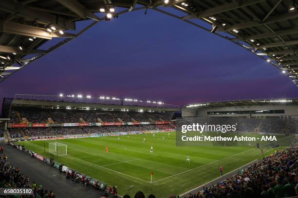 General view of Windsor Park stadium as dusk falls during the FIFA 2018 World Cup Qualifier between Northern Ireland and Norway at Windsor Park on...