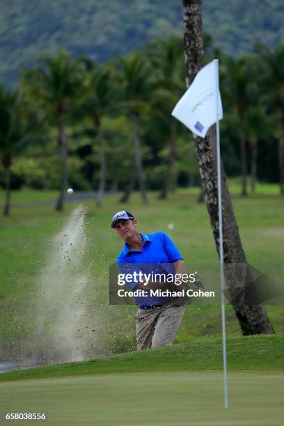 Bill Lunde plays his second shot out of the bunker on the eighth hole during the final round of the Puerto Rico Open at Coco Beach on March 26, 2017...