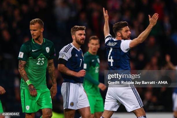 Russell Martin of Scotland reacts after having a goal disallowed during the FIFA 2018 World Cup Qualifier between Scotland and Slovenia at Hampden...